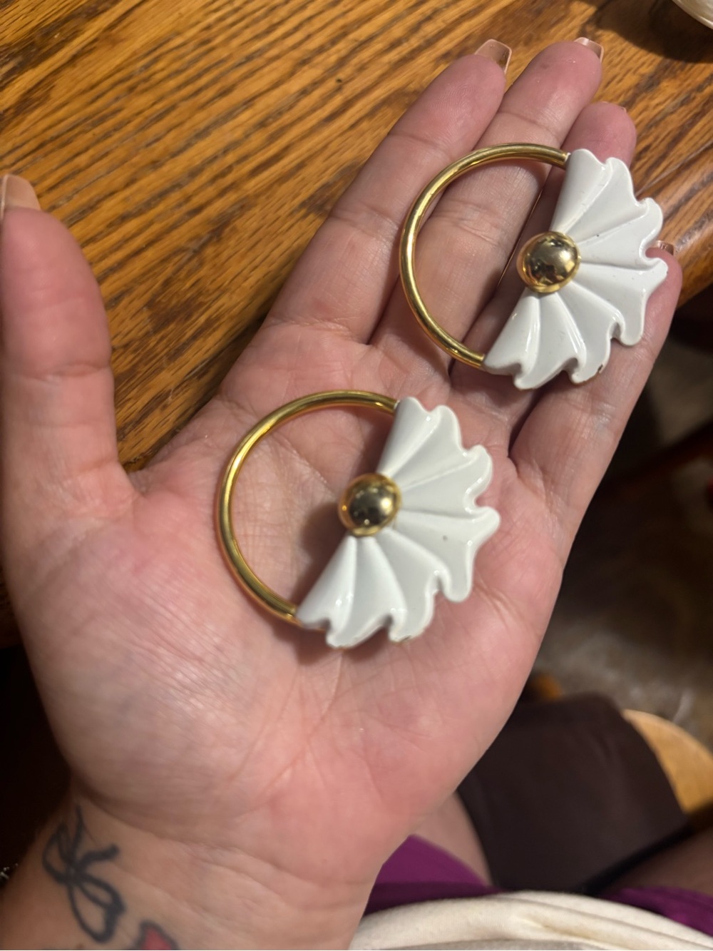 Gold Hoop Earrings with White Fan Petal Accents